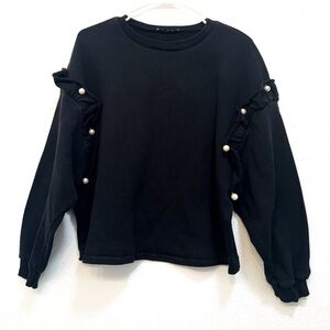 Zara Black Sweatshirt with Pearls and Ruffle Sleeves size small